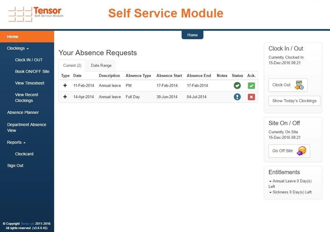 Tensor Self Service Module (SSM) screenshot